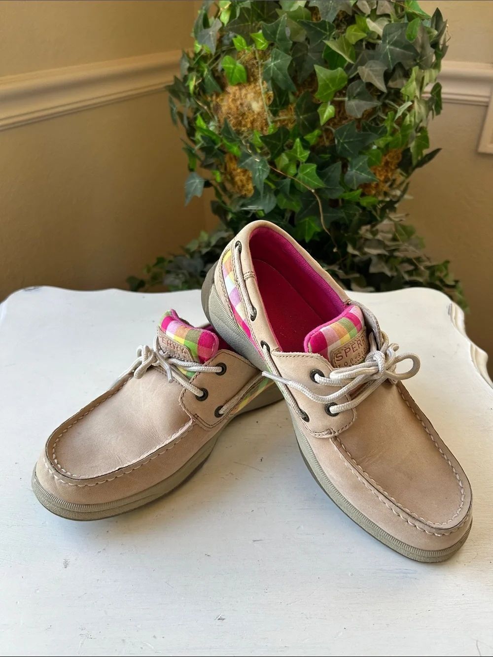 Sperry Kids Tan Boat Shoes with Pink Lining and Striped Tongue